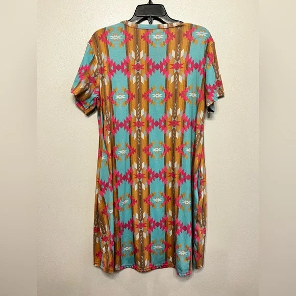 Crazy Train Aztec Mini Dress in Turquoise and Mustard Western Cowgirl Rodeo Sz L - Picture 5 of 5
